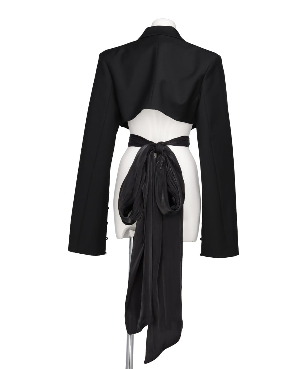 OPEN SLEEVE CROPPED BLAZER WITH SATIN RIBBON